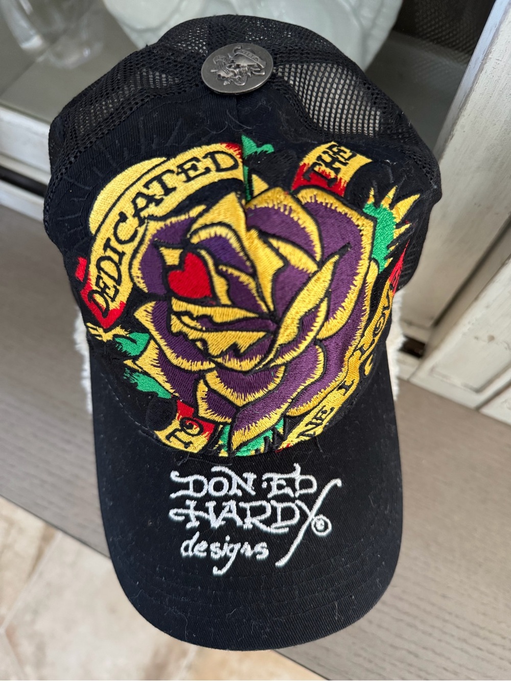 Ed Hardy Black Cap with Purple & Yellow Rose Embroidery